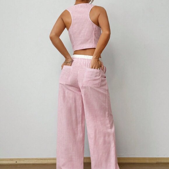 Multicolor Casual Women's Striped Sleeveless V-Neck Top And Pocket Pants Set - Picture 3 of 6